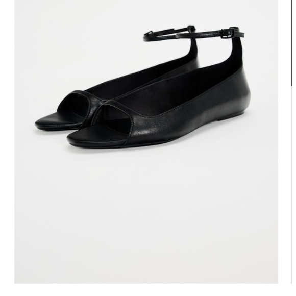 ZARA Flat Open Pointed Toe Black Leather Ballet Flats - Picture 2 of 11